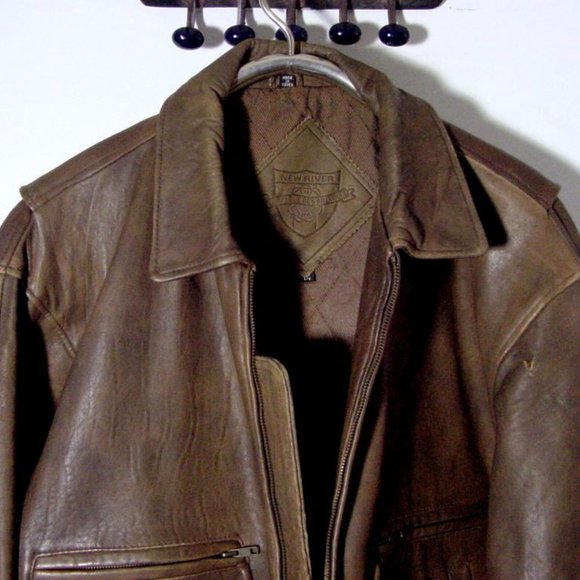 Vtg 90's Brown Leather "New River" Bomber jacket Sz L - Picture 2 of 13